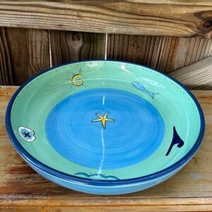 KIC Brushes Handpainted Ceramic Serving Bowl Blue Coastal Theme Waves & Starfish